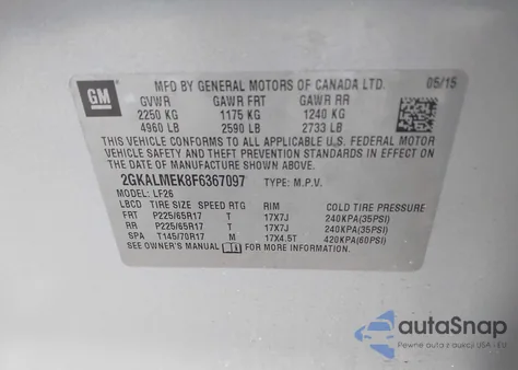 2015 GMC Terrain Sle-1 from USA, damaged, VIN 2GKALMEK8F6367097